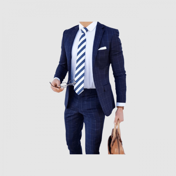 Dark Blue Check Suit With Tie